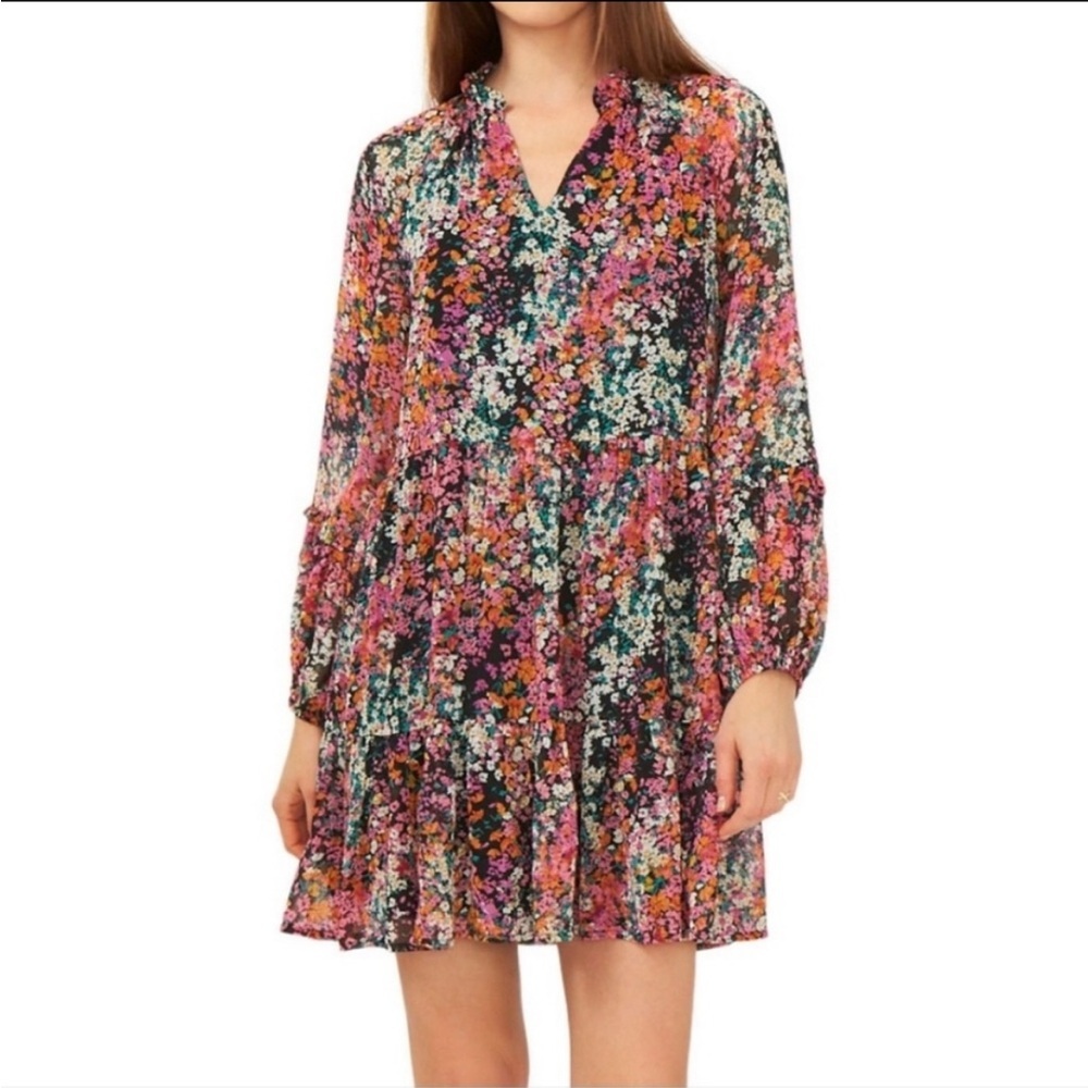 Vince Camuto Black Floral Mini Dress with Pink, Orange & Green Accents - Picture 3 of 5